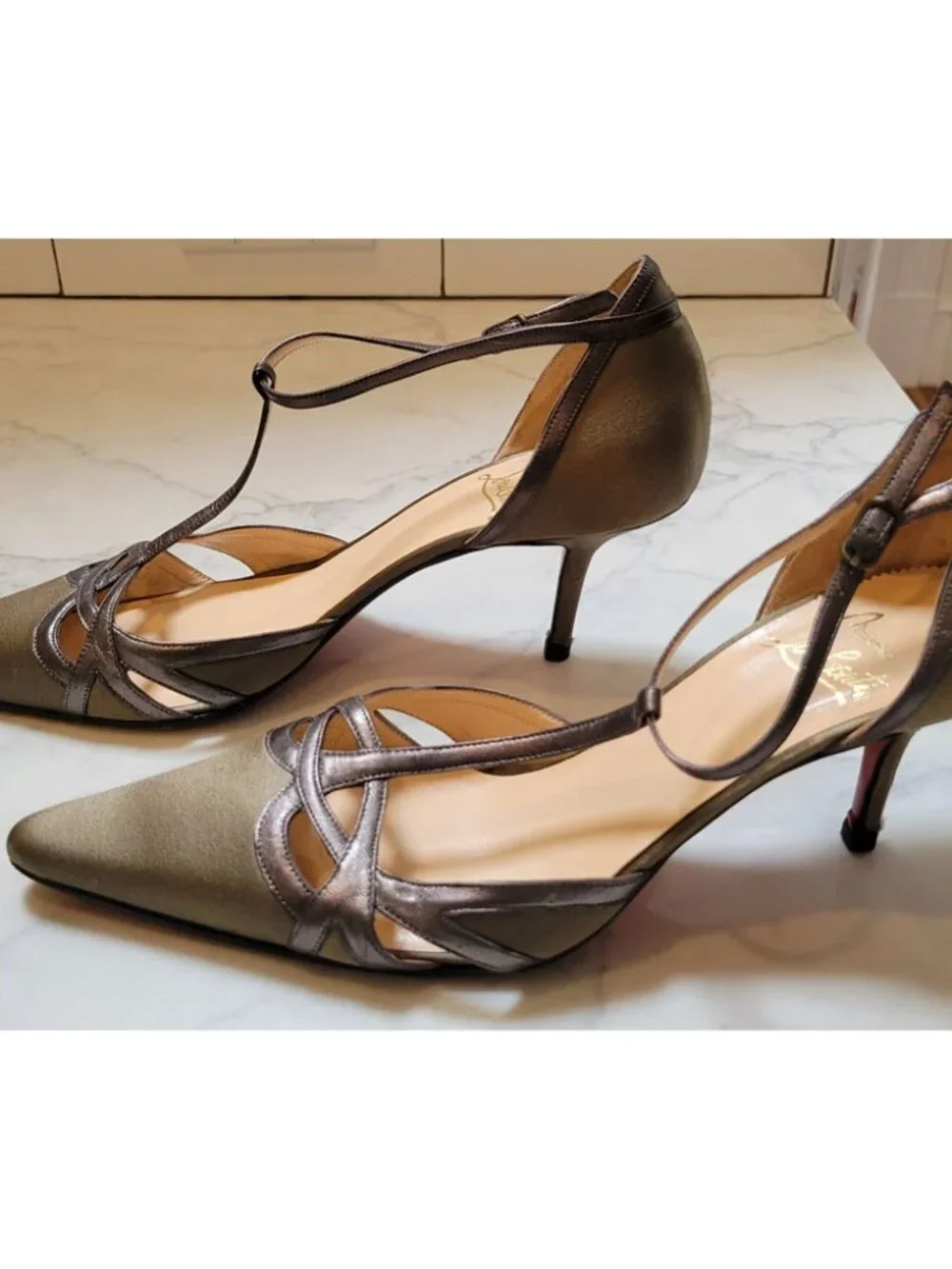 Christian Louboutin Rare Kitten Heels Brown Satin with Grey Leather Straps/Trim